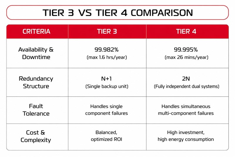 Analysis of 4 differences between Data Center Tier 3 vs Tier 4